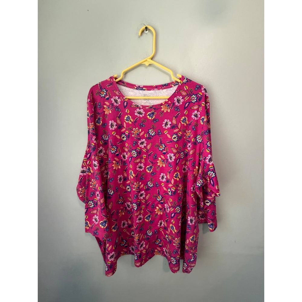 Kim Rogers Perfectly Soft Pink Floral Paisley 3/4 Sleeve Cotton Top 3X RN31104